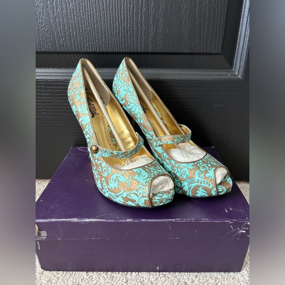 Hale Bob Mary Jane Turquoise and Gold Pumps